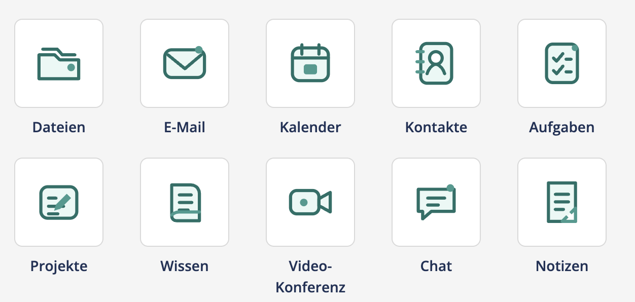 Übersicht der 10 AUTARQ-Desk-Apps: Dateien, E-Mail, Kalender, Kontakte, Aufgaben, Projekte, Wissen, Videokonferenz, Chat, Notizen